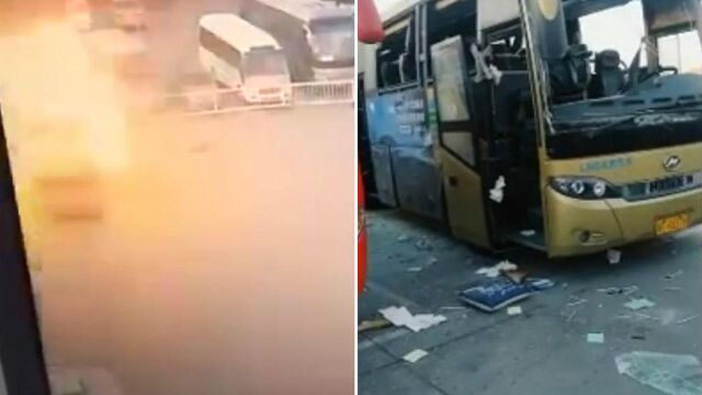 吓人!曲阳汽车站一辆天然气客车爆燃 车内瞬间喷出大火