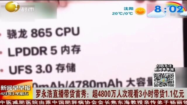 罗永浩直播带货首秀,超4800万人次观看3小时带货1.1亿元