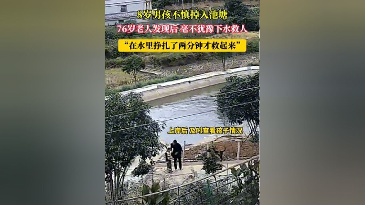 8岁男孩不慎掉入池塘 76岁老人发现后毫不犹豫下水救人“在水里挣扎了两分钟才救起来”#救人瞬间 #正能量