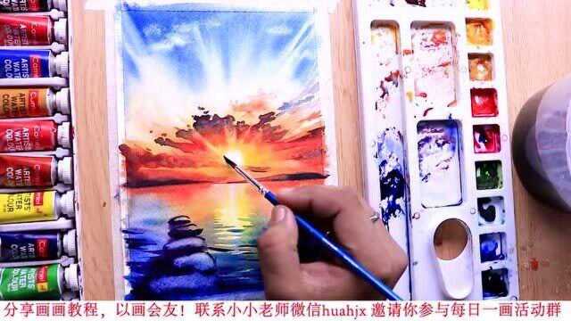 水彩画:一步一步教你画山水落日水彩画