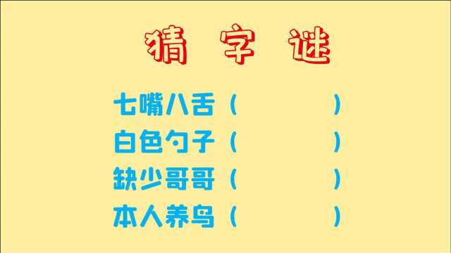 猜字谜,七嘴八舌,白色勺子,缺少哥哥,4个字谜猜4个字