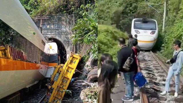 台铁疑出轨卡隧道,车头削掉一半,乘客提行李逃离:还好手没断