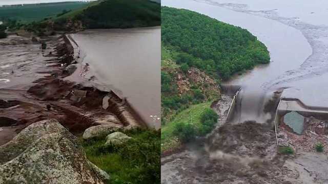 内蒙古莫旗境内连降暴雨致两座水库决堤:洪水奔涌而下冲垮国道