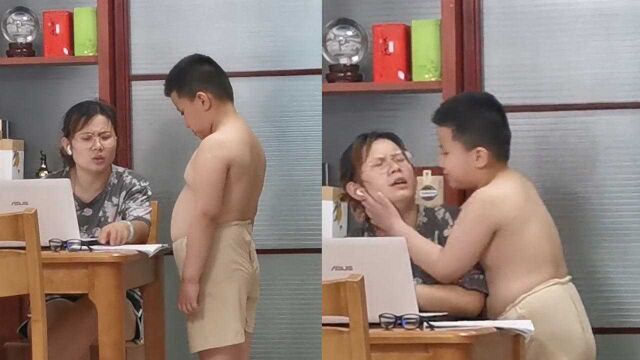 小胖墩被教育,鼓起勇气凑上去亲妈妈,没想到适得其反