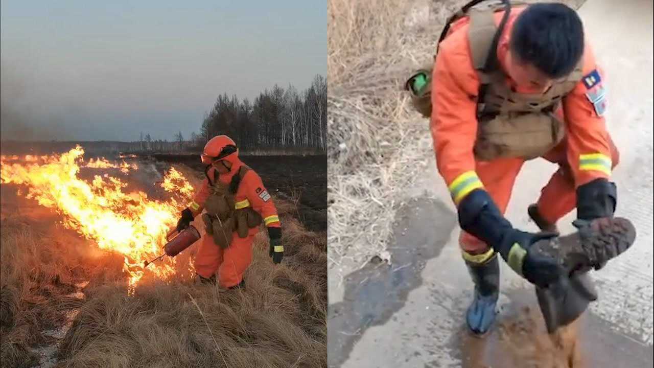 航拍!500人点烧2000公顷可燃物 消防员任务结束鞋中倒出4斤泥水