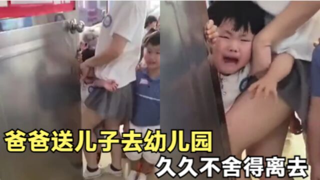 猝不及防的搞笑瞬间,爸爸送儿子去幼儿园,久久不舍得离去