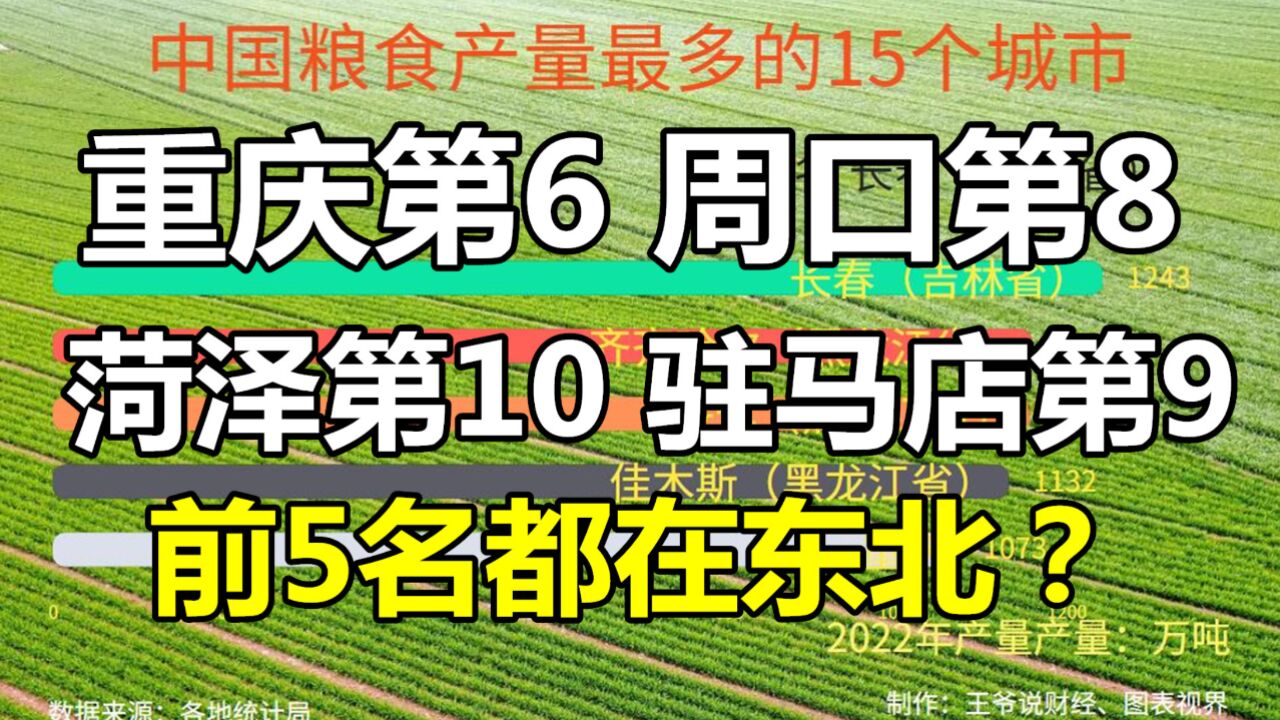 中国粮食产量最高的15个城市:重庆第6,驻马店第9,前5名都在东北?