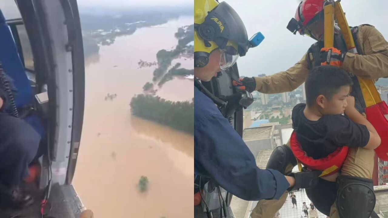 涿州一小区被洪水围困成孤岛,公羊救援队派直升机救出7人,其中有4名幼儿