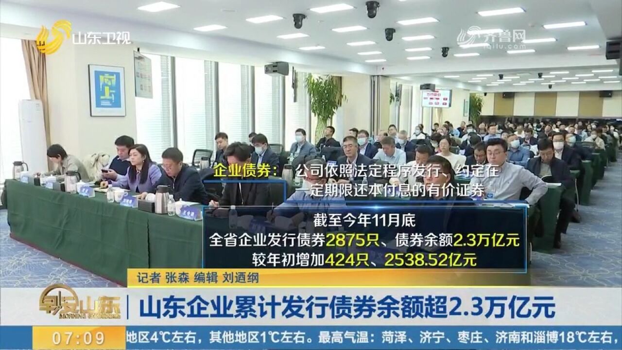 截至2023年11月底,山东企业累计发行债券余额超2.3万亿元