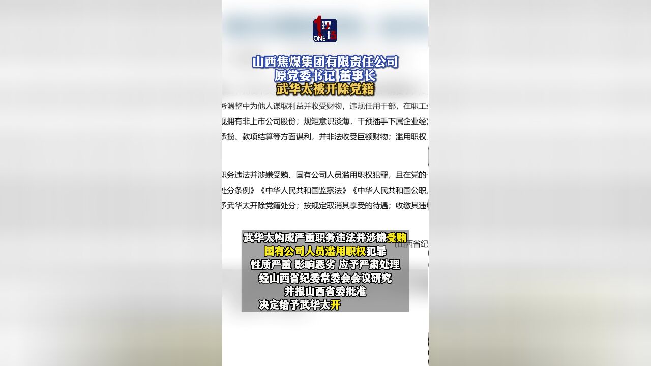 山西焦煤集团有限责任公司原党委书记、董事长武华太 被开除党籍