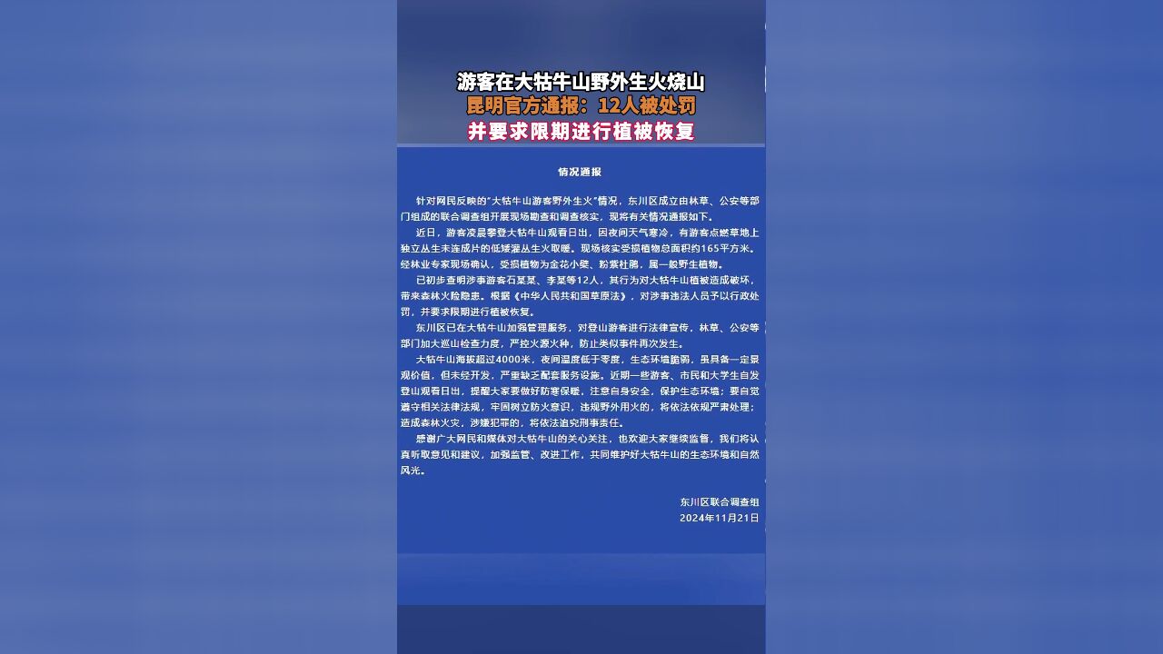 游客在大牯牛山野外生火烧山,昆明官方通报:12人被处罚 并要求限期进行植被恢复