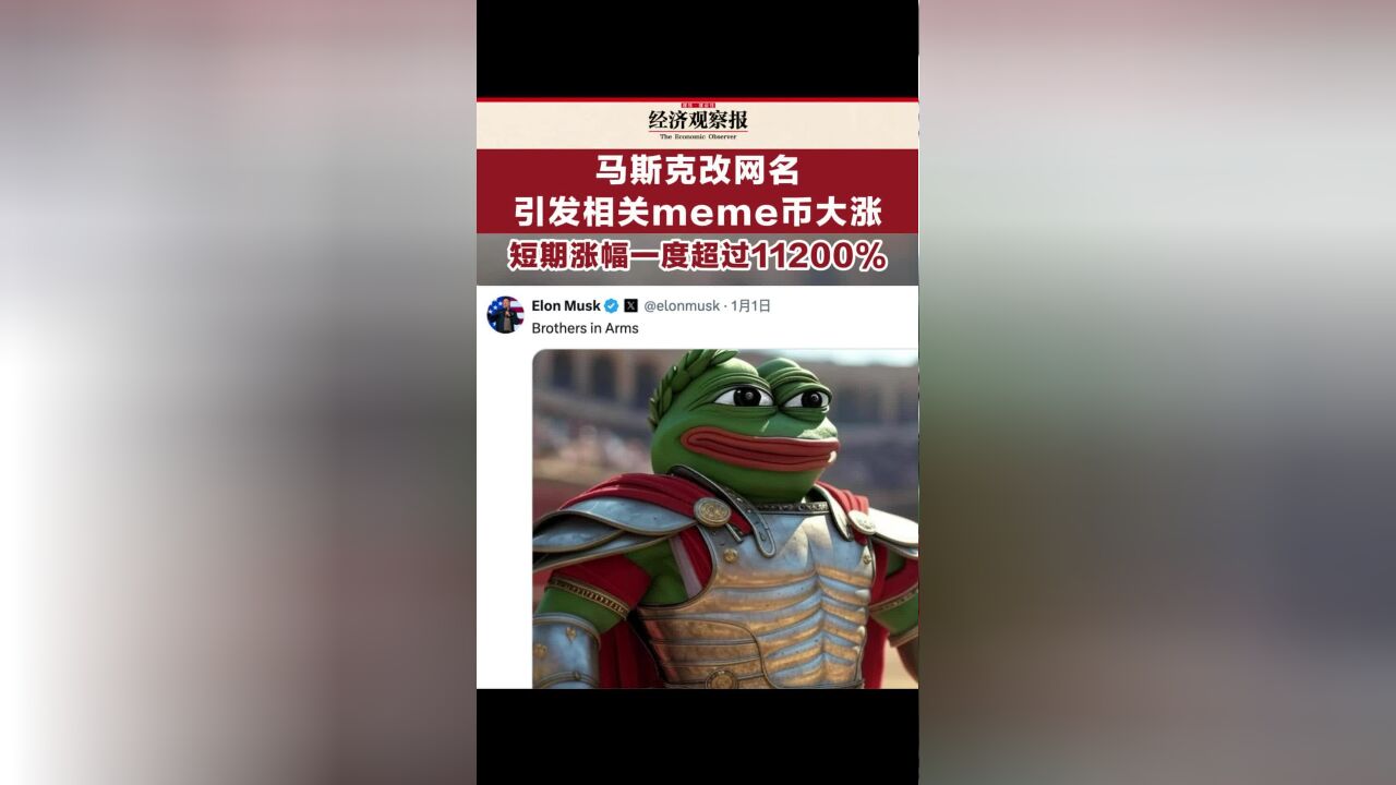 马斯克改网名引发相关meme币大涨 短期涨幅一度超过11200%