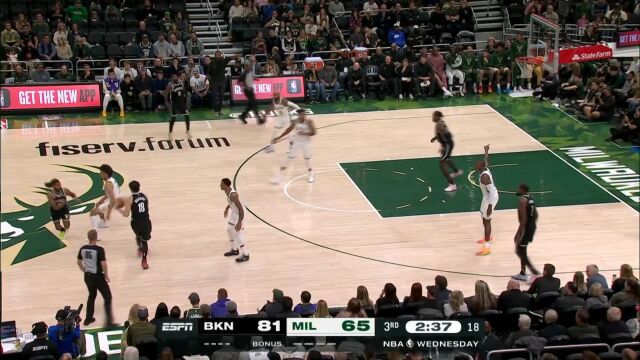 NBA季前赛：篮网vs雄鹿第3节英文原声回放