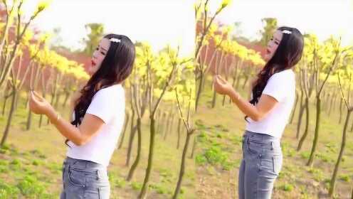 女歌手唱《相思的债》，桃花树下深情歌唱，嗓音有感染力