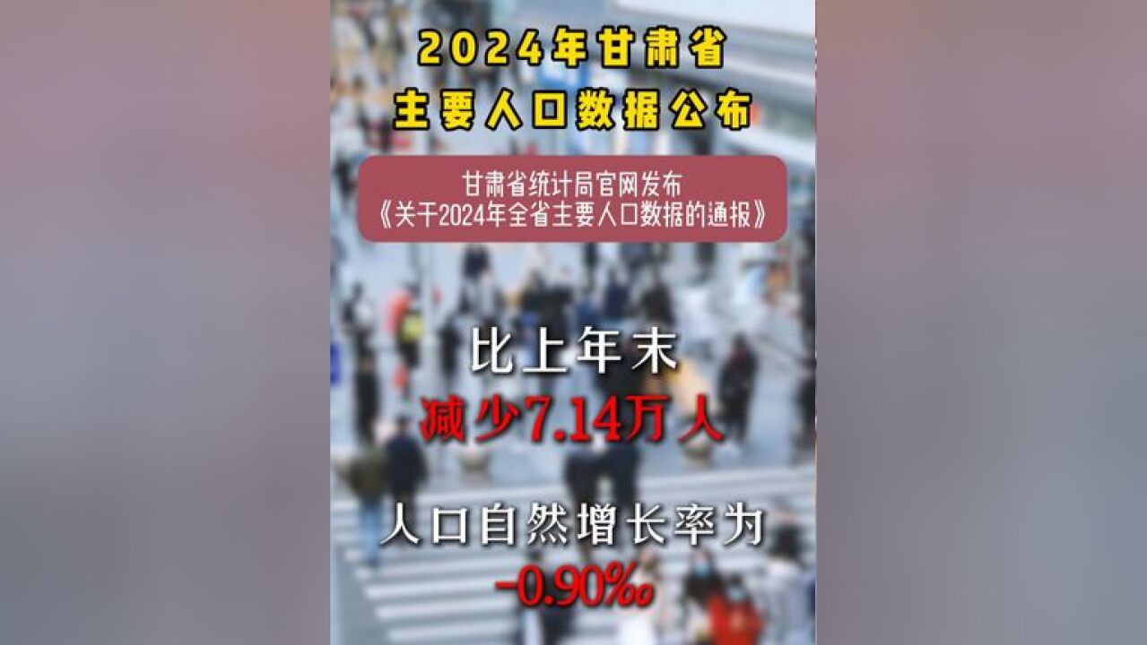 甘肃公布2024年主要人口数据