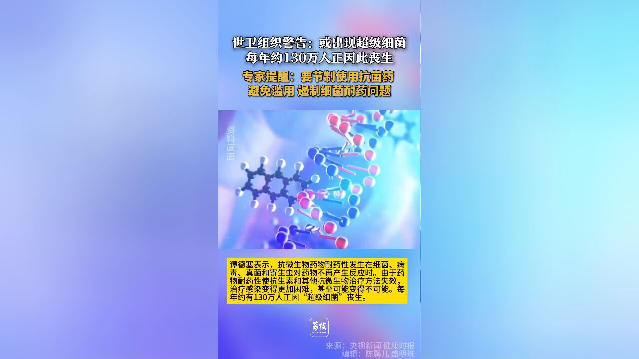 世卫组织警告:或出现超级细菌 每年约130万人正因此丧命 专家提醒:要节制使用抗菌药