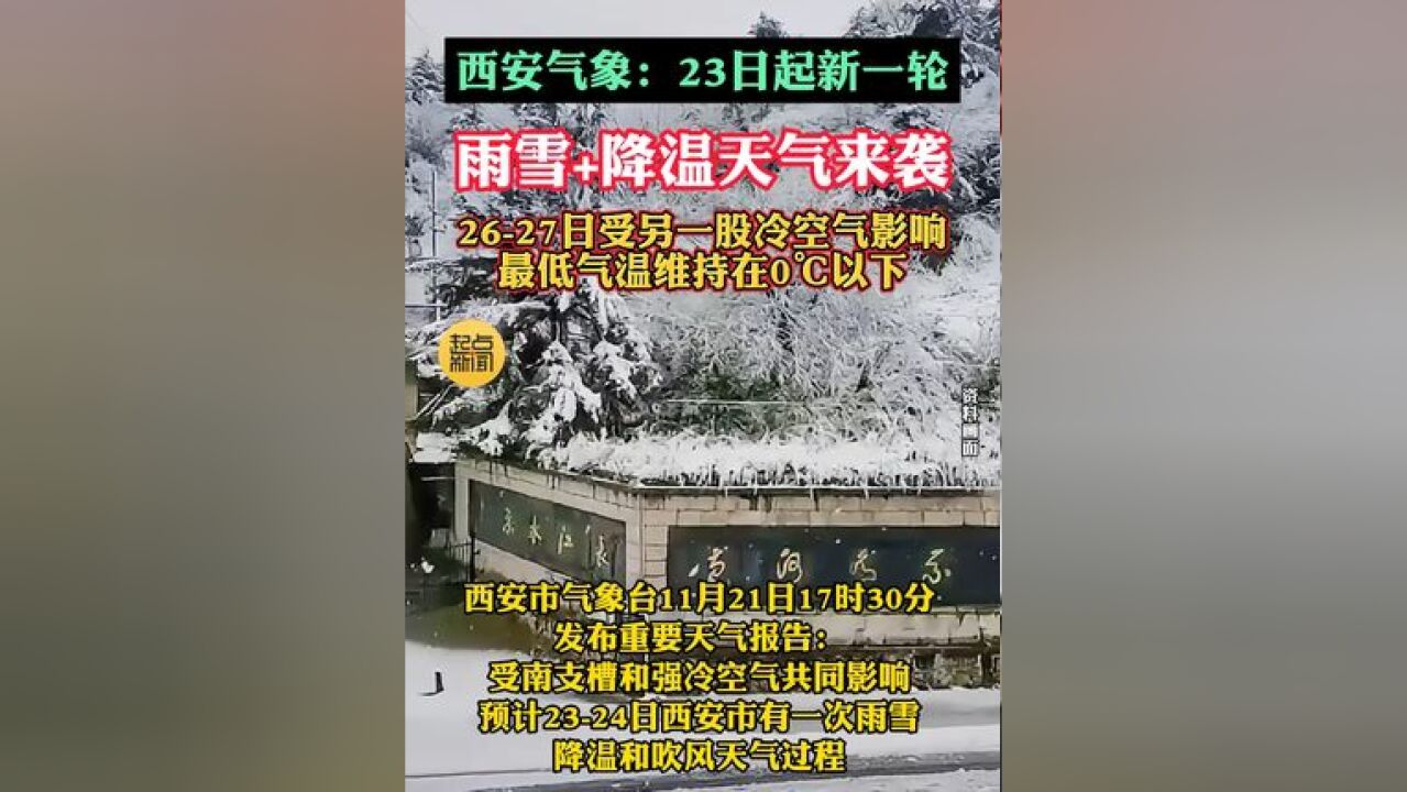 西安气象:23日起新一轮雨雪+降温天气来袭,2627日受另一股冷空气影响最低气温维持在0℃以下