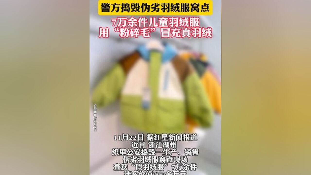 警方捣毁伪劣羽绒服窝点 7万余件儿童羽绒服 用“粉碎毛”冒充真羽绒