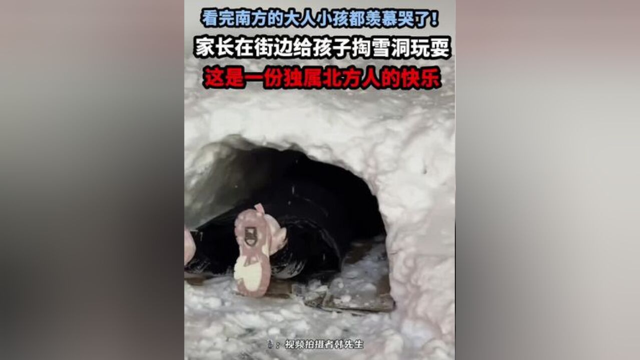 看完南方的大人小孩都羡慕哭了! 家长在街边给孩子掏雪洞玩耍 这是一份独属北方人的快乐