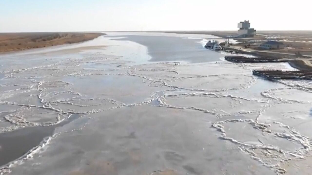 航拍:黄河山东段现今年第二次封河 流凌汇聚河面多座浮桥拆除