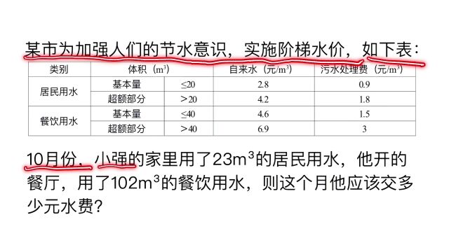 小强家用了23立方米的水,餐厅用了102立方米的水,该交多少钱