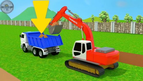 挖掘机视频动画：挖掘机，翻斗卡车，推土机一起建造飞机场