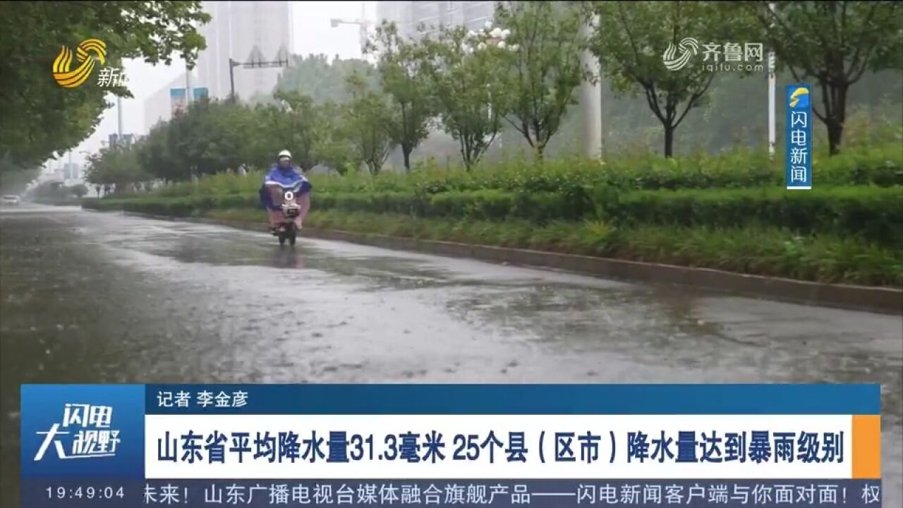 山东省平均降水量31.3毫米,25个县(区市)降水量达到暴雨级别