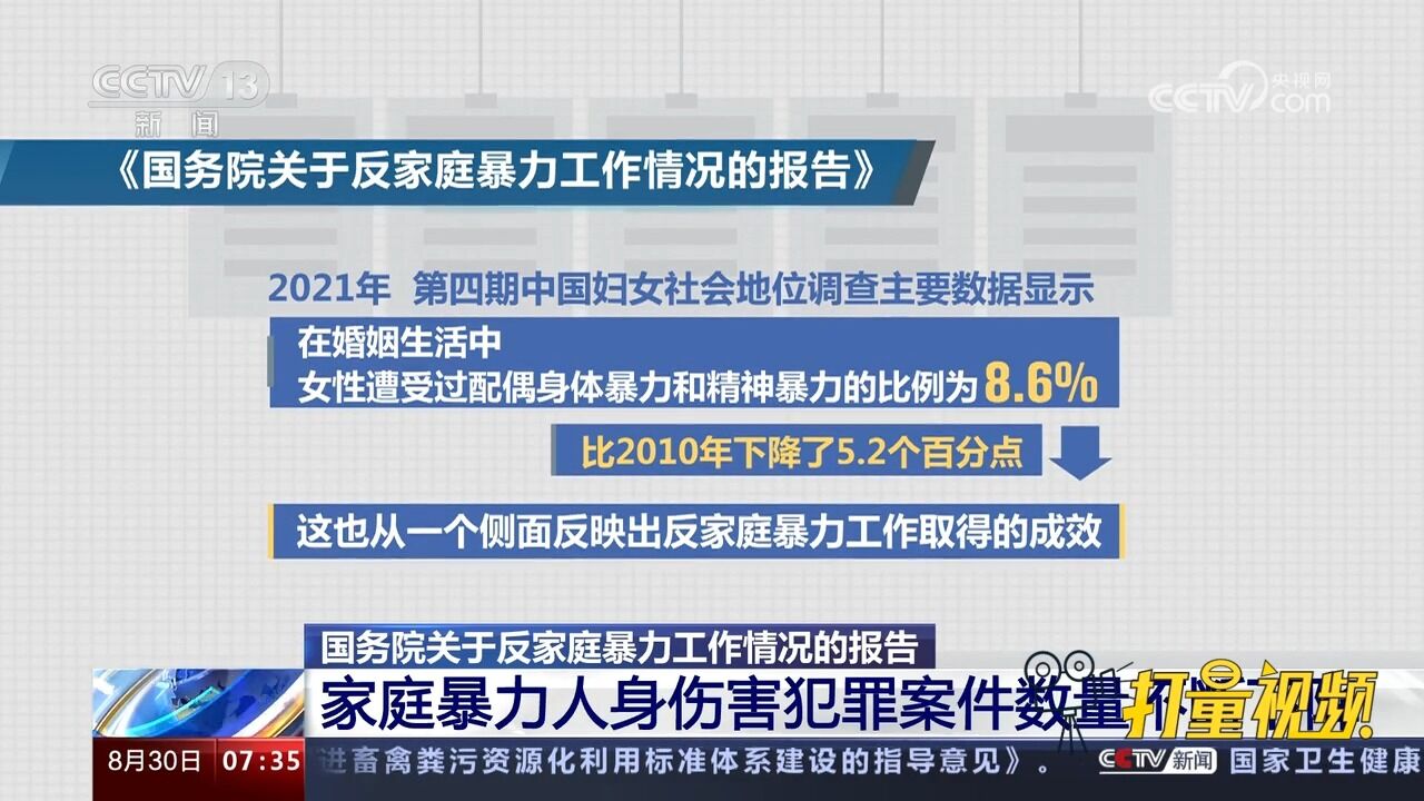 国务院反家暴工作报告:家庭暴力人身伤害犯罪案件数量不断下降