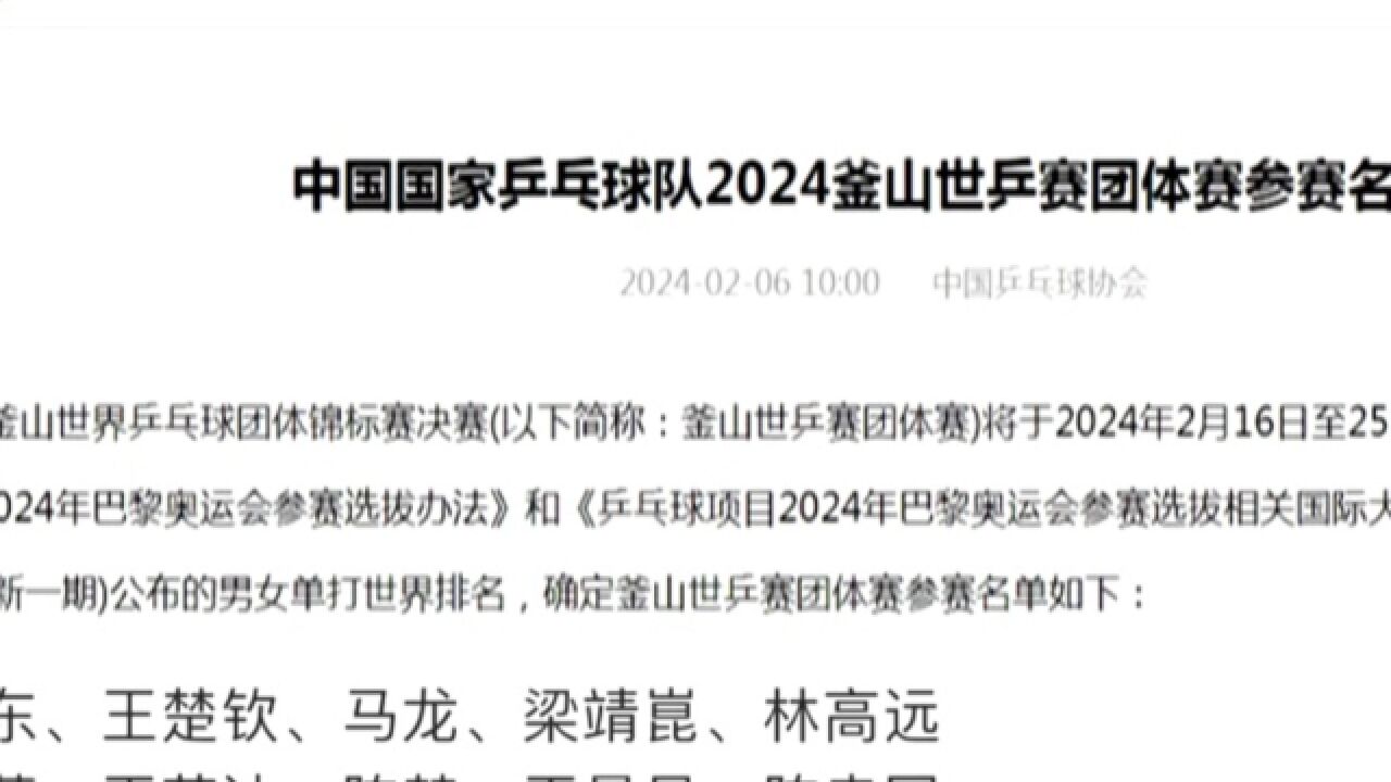 中国乒协在官网发布消息,公布釜山世乒赛团体赛中国队名单