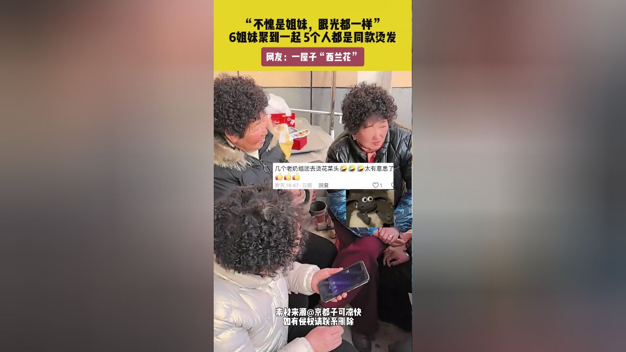 6姐妹聚到一起5个人都是同款烫发,网友:一屋子“西兰花”