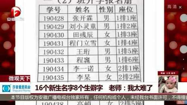 16个新生名字8个生僻字 老师:我太难了