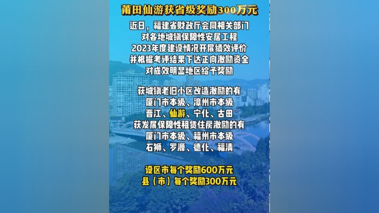 莆田仙游获福建省城镇老旧小区改造激励资金300万元