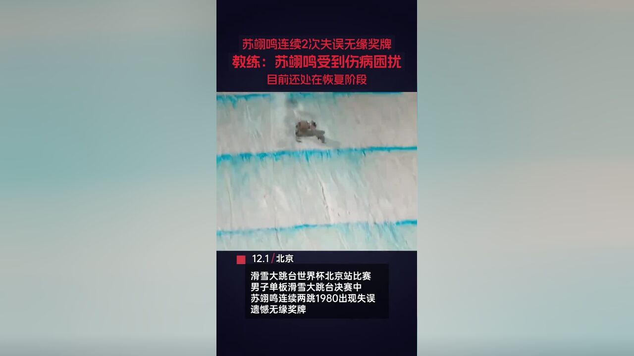 12月1日,北京.滑雪大跳台世界杯北京站比赛男子单板滑雪大跳台决赛中,苏翊鸣连续两跳1980出现失误,遗憾无缘奖牌.