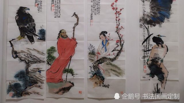 书法定制国画收藏,永进四尺四条屏《人物花鸟》,已被兰州朋友收藏