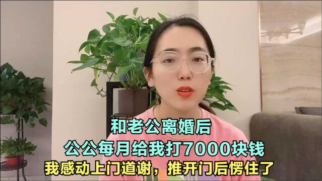 离婚后,公公每月给我打7000块钱,我感动上门道谢,推开门愣住了