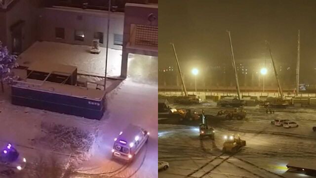 航拍:长春雪夜转运患者 吉林市工人顶风冒雪施工抢建隔离方舱