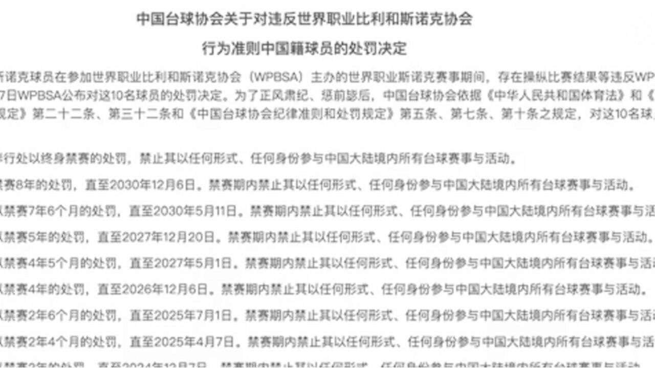 中国台球协会公布处罚决定