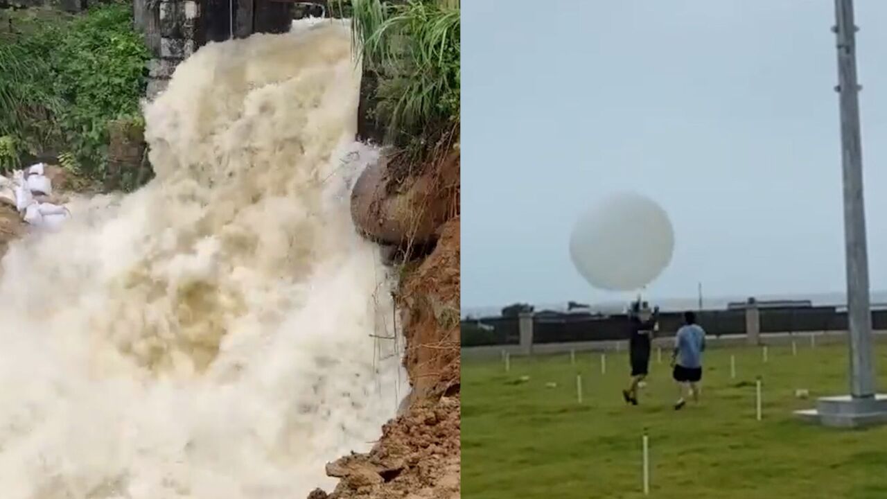 台风“海葵”来袭 福建漳浦各大水库开始泄洪 气象员放飞探空气球