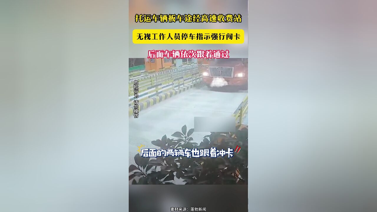 托运车辆板车途经高速收费站 无视工作人员停车指示强行闯卡 后面车辆依次跟着通过