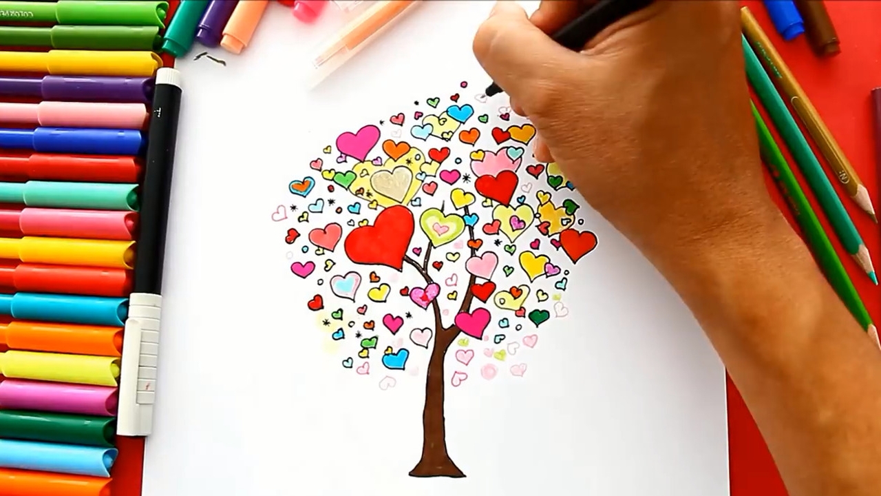 幼儿早教画画怎么用简单心形图案堆叠勾画一幅漂亮爱心许愿树图