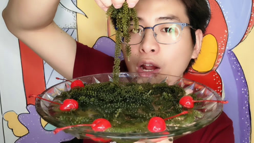 吃货吃播,眼镜哥吃"海葡萄",大口吃得好享受,配红樱桃更美味