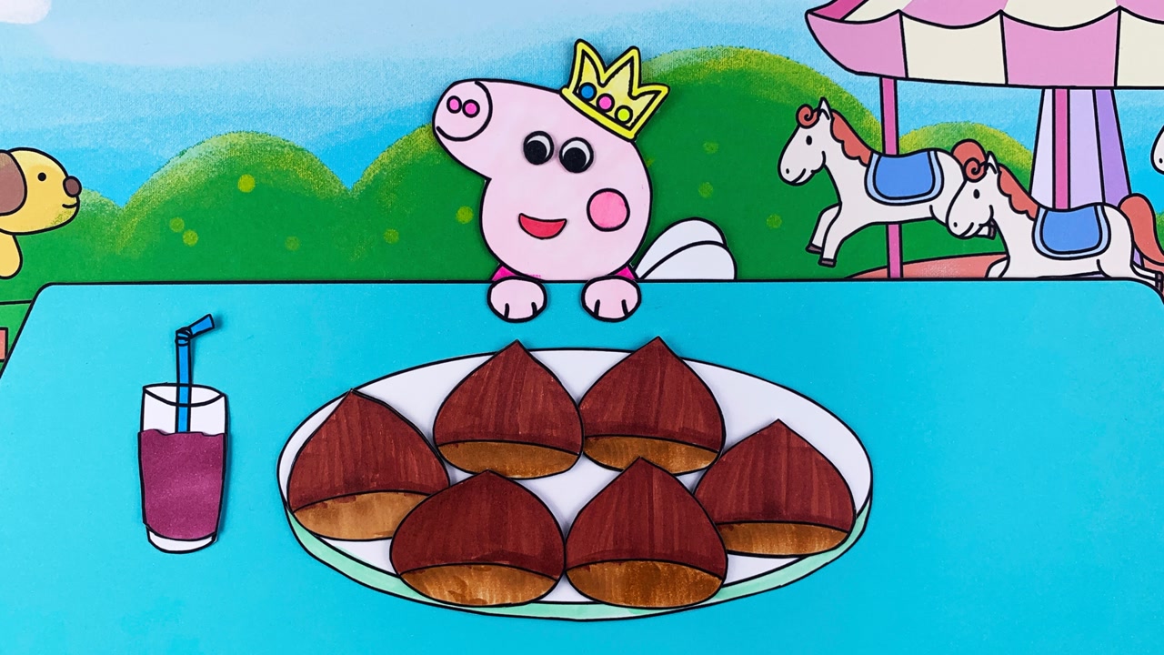 手绘定格动画:一盘香甜软糯的糖炒栗子,小猪佩奇一口一个,吃的很满足!