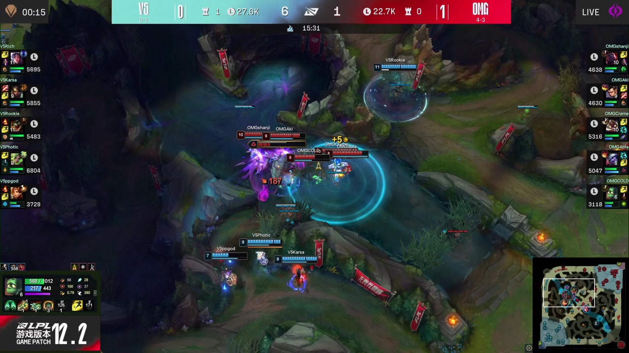 V5正面三打五不虚疯狂拉扯 Rookie鳄鱼绕后进场团灭OMG