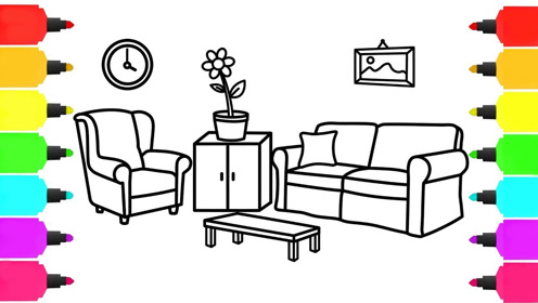 给宝宝画画客厅沙发小花,亲子简笔画右脑启蒙涂颜色