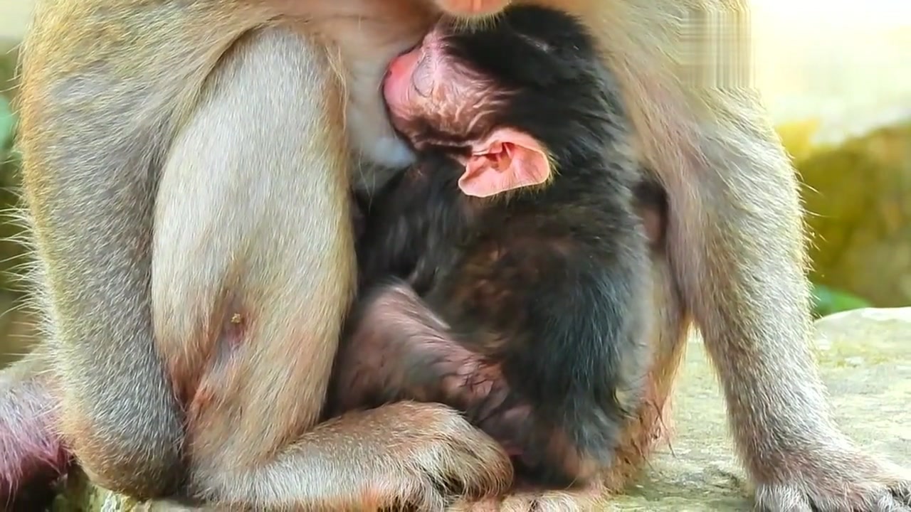 实拍刚出生不久的小猴子,发毛乌黑,深的妈妈喜爱