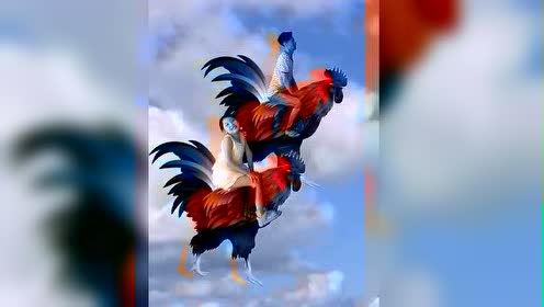 小屁孩骑着大公鸡在天上飞,太得意了