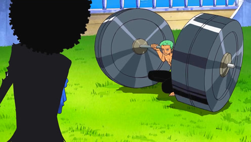 布鲁克看到索隆这么拼命的练习,也要跟着练习,这杠铃可真够大的