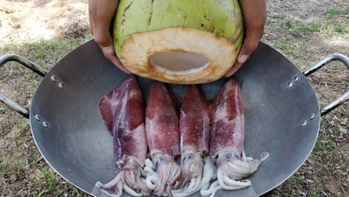野外烹饪:农村小哥用椰子汁来焖鱿鱼吃,这做法看得人口水直流