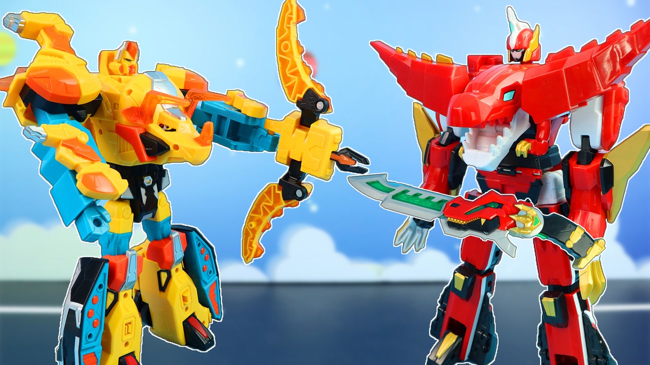 心奇爆龙战车4战龙合体,雷霆角龙王和飞火霸王龙变形!