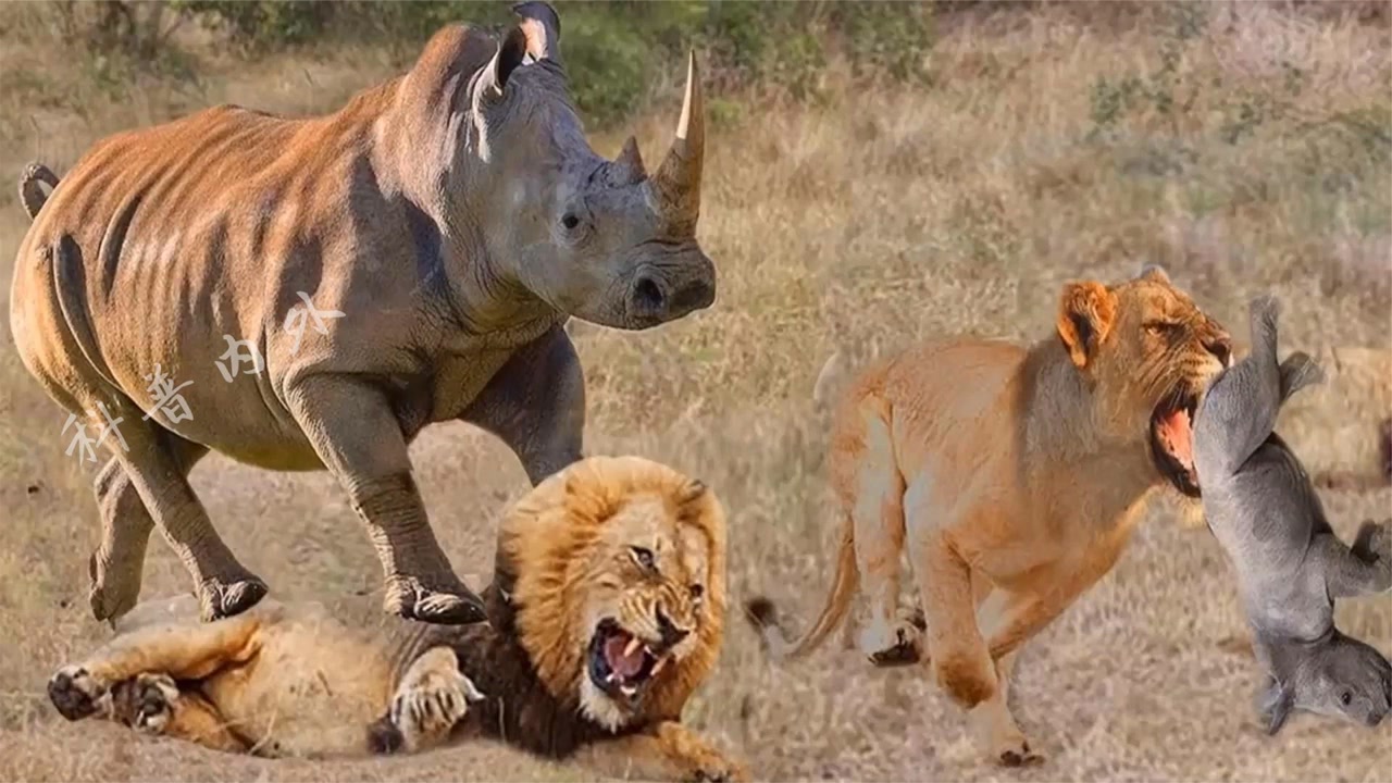 饥饿的狮子遇到小犀牛,准备上前饱餐一顿,却被犀牛一顿暴揍